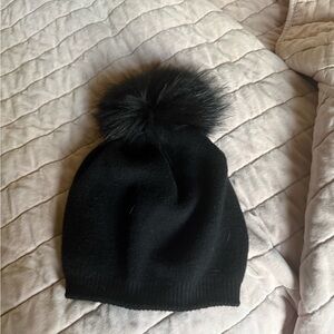 Black Knit Beanie with Faux Fur Pom